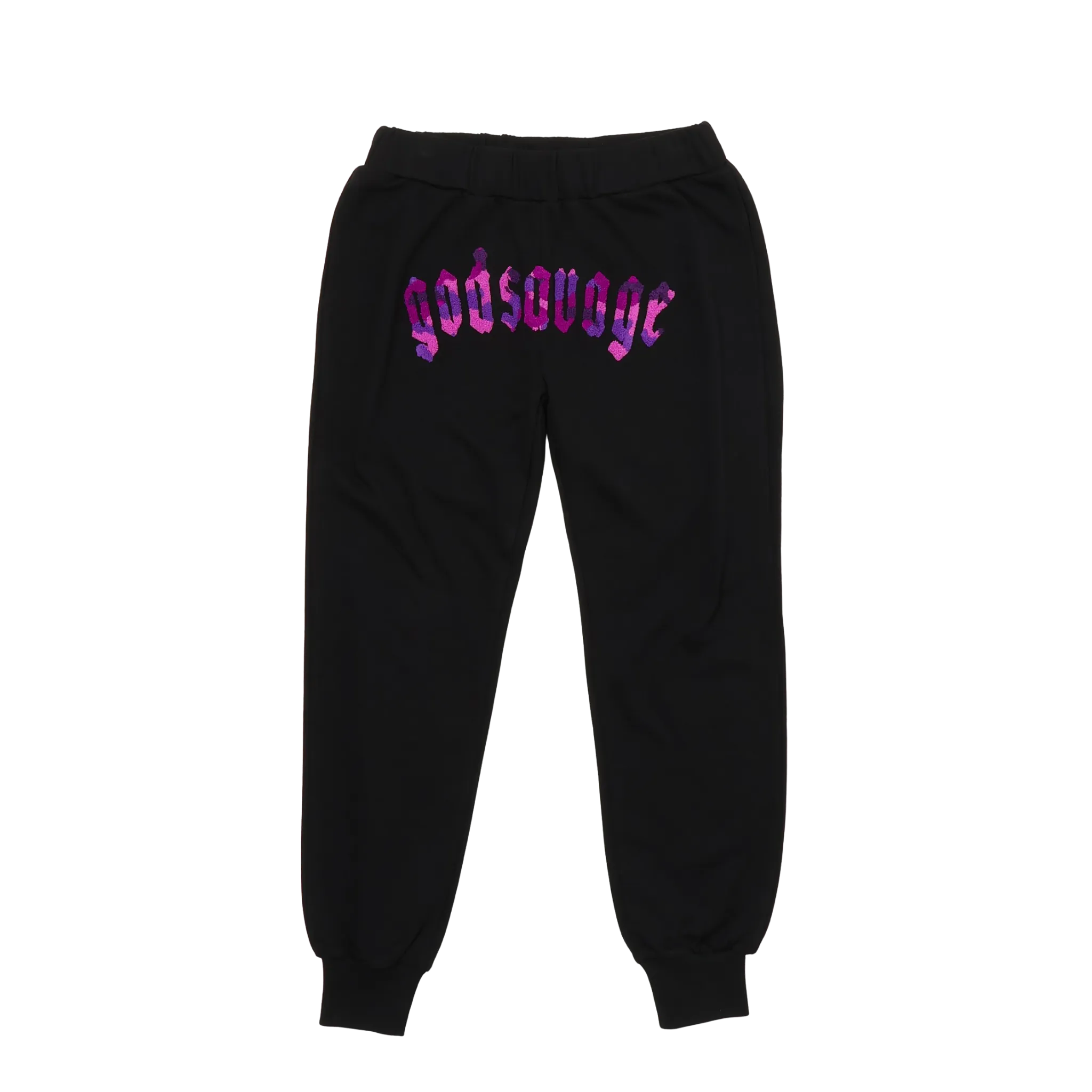 CAMO LOGO SWEATPANTS - BLACK & PURPLE – god savage