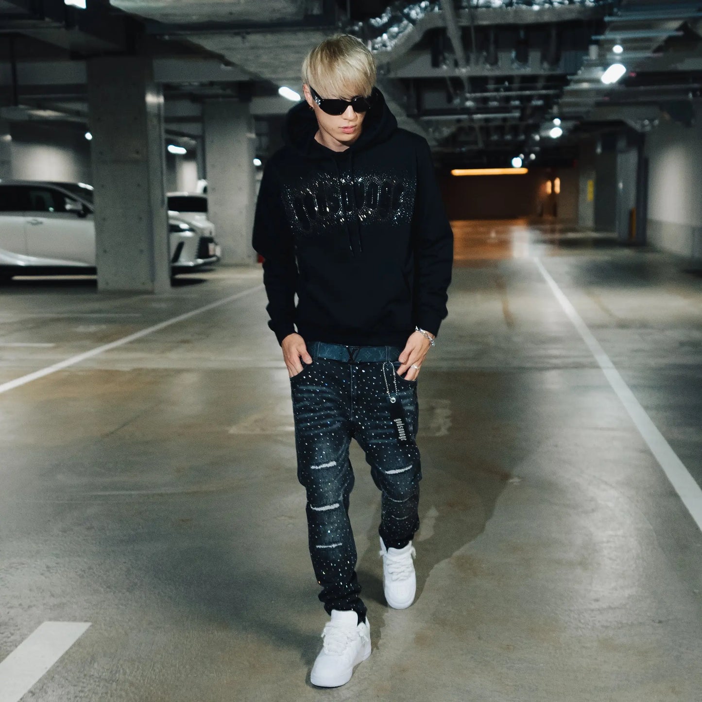 CRYSTAL SLIM FIT DENIM PANTS - BLACK