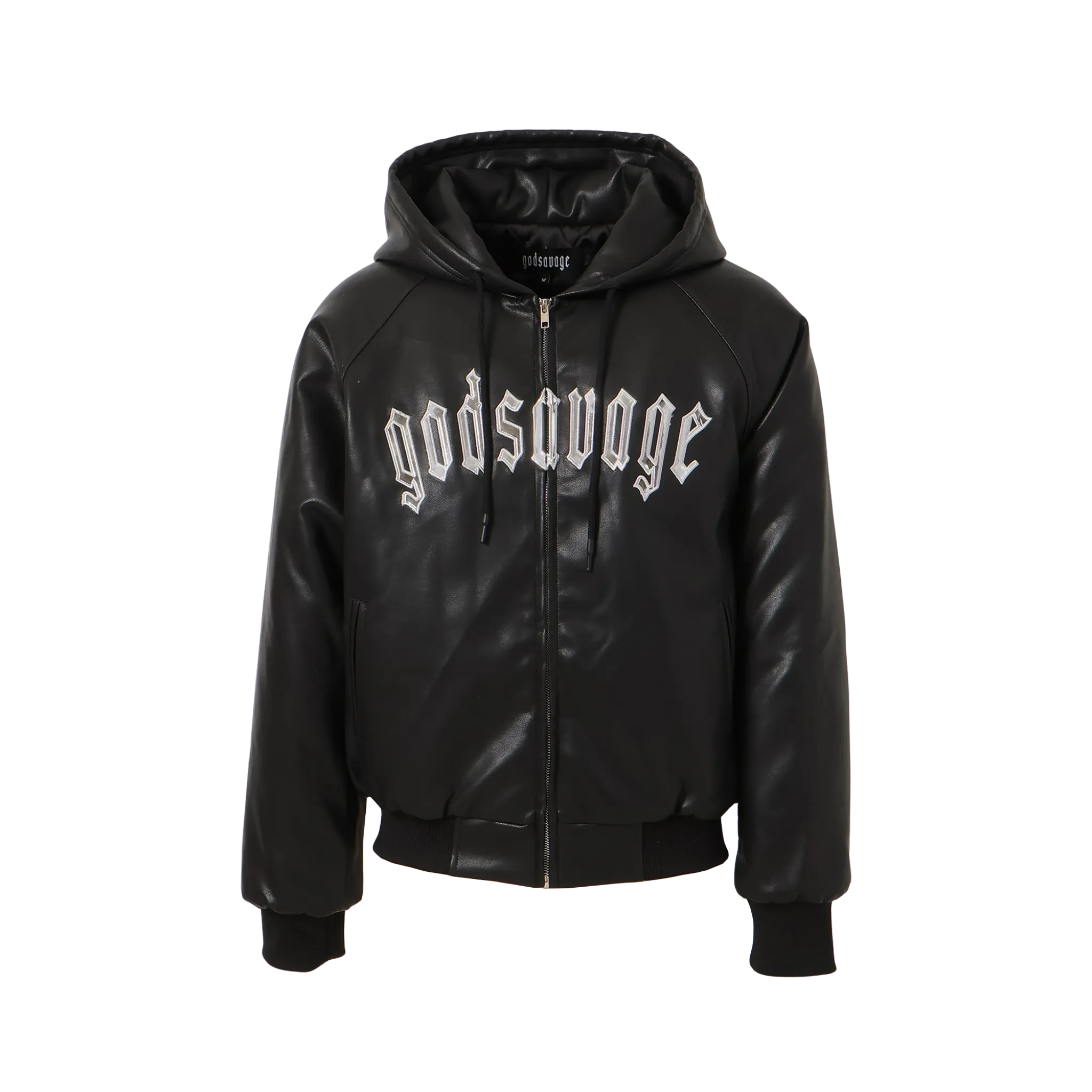 OG LOGO FAUX LEATHER HOODIE - BLACK & SILVER – god savage