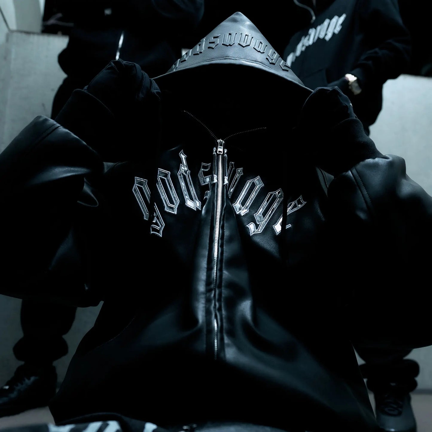 OG LOGO FAUX LEATHER HOODIE - BLACK & SILVER