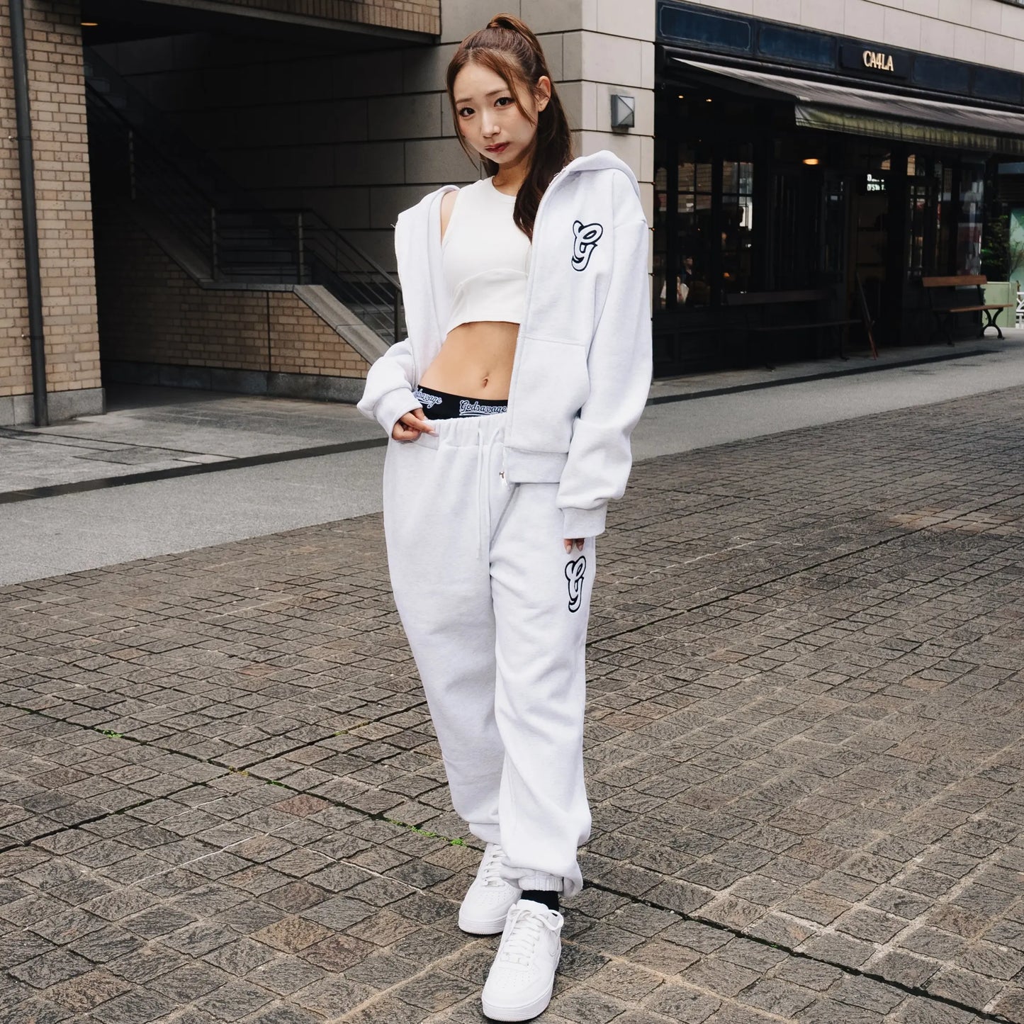 WAVY G LOGO DOUBLE WAIST SWEATPANTS - GREY