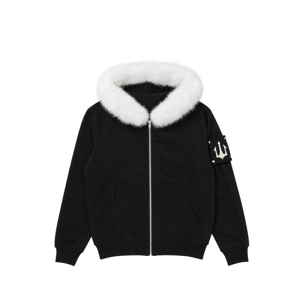 METAL LOGO FUR HOODIE - BLACK