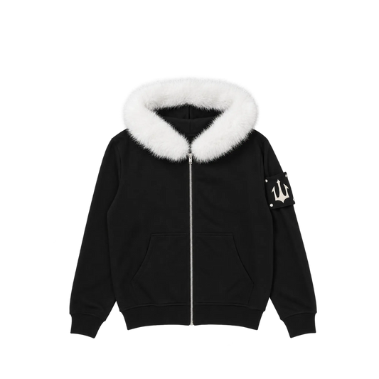 METAL LOGO FUR HOODIE - BLACK