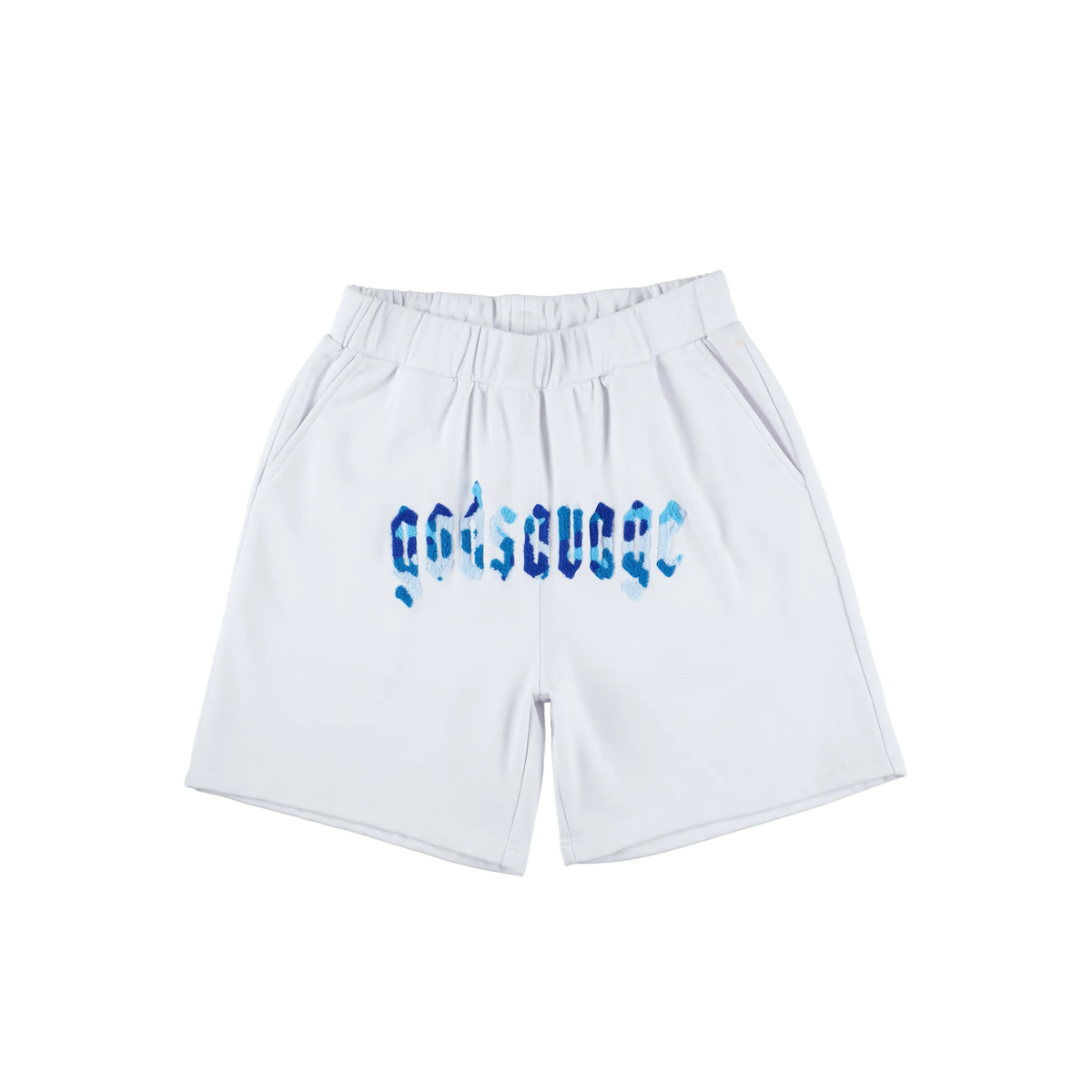 CAMO LOGO SHORTS - WHITE & BLUE – god savage