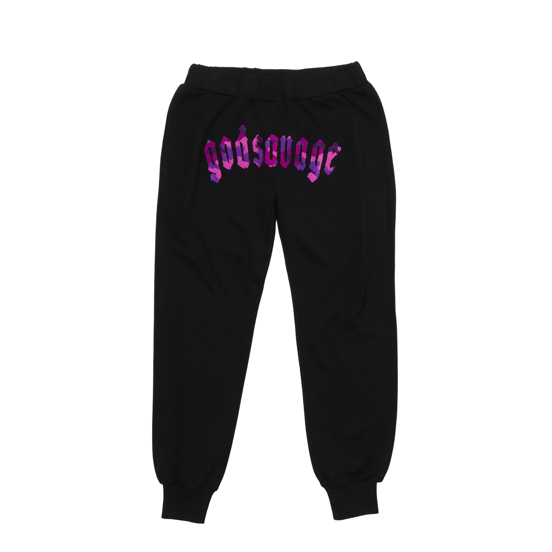 CAMO LOGO SWEATPANTS - BLACK & PURPLE – god savage