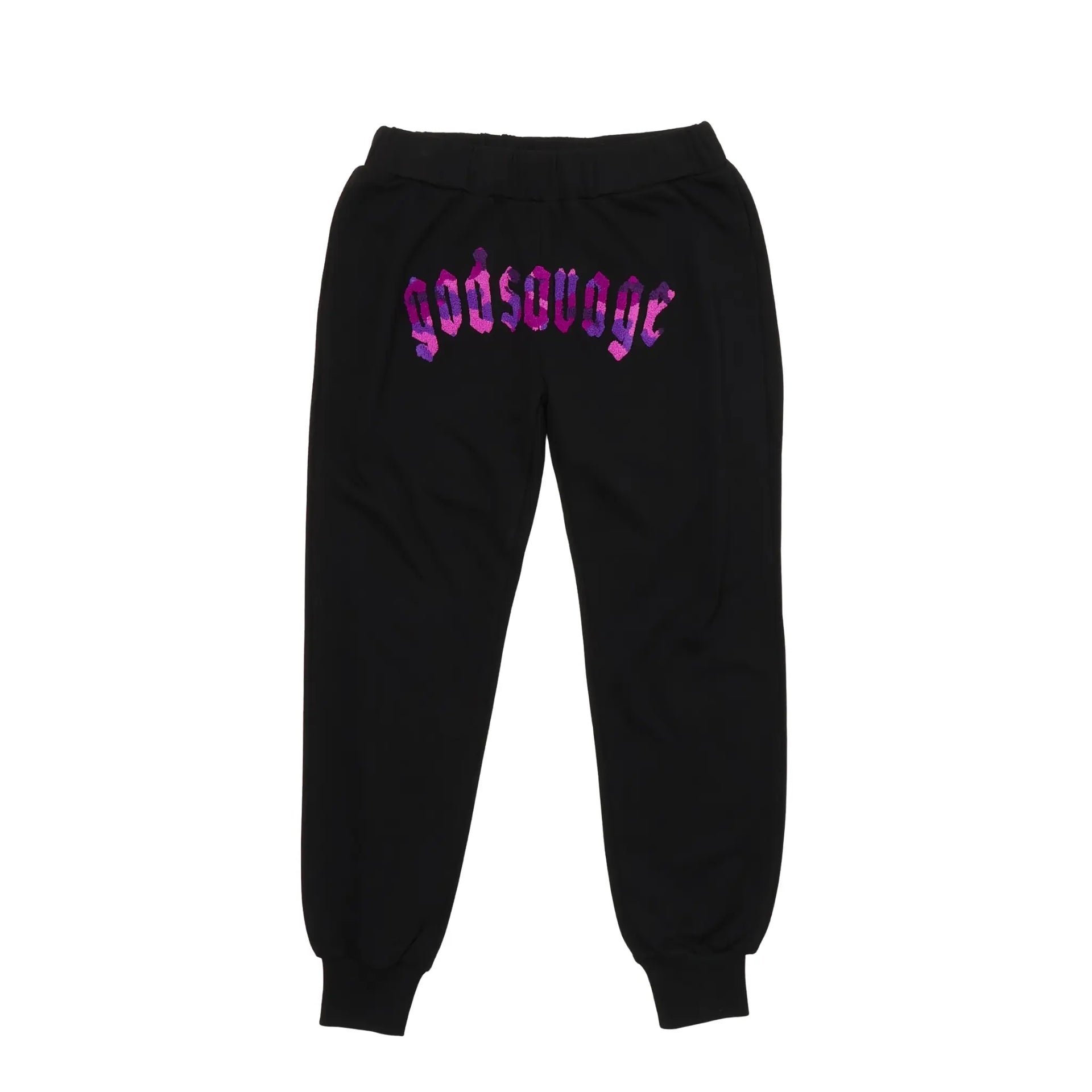 ラ*e様 cvtvlist usual pants 黒紫　人気ロゴ刺繍 CAMO LOGO SWEATPANTS - BLACK & PURPLE – god savage