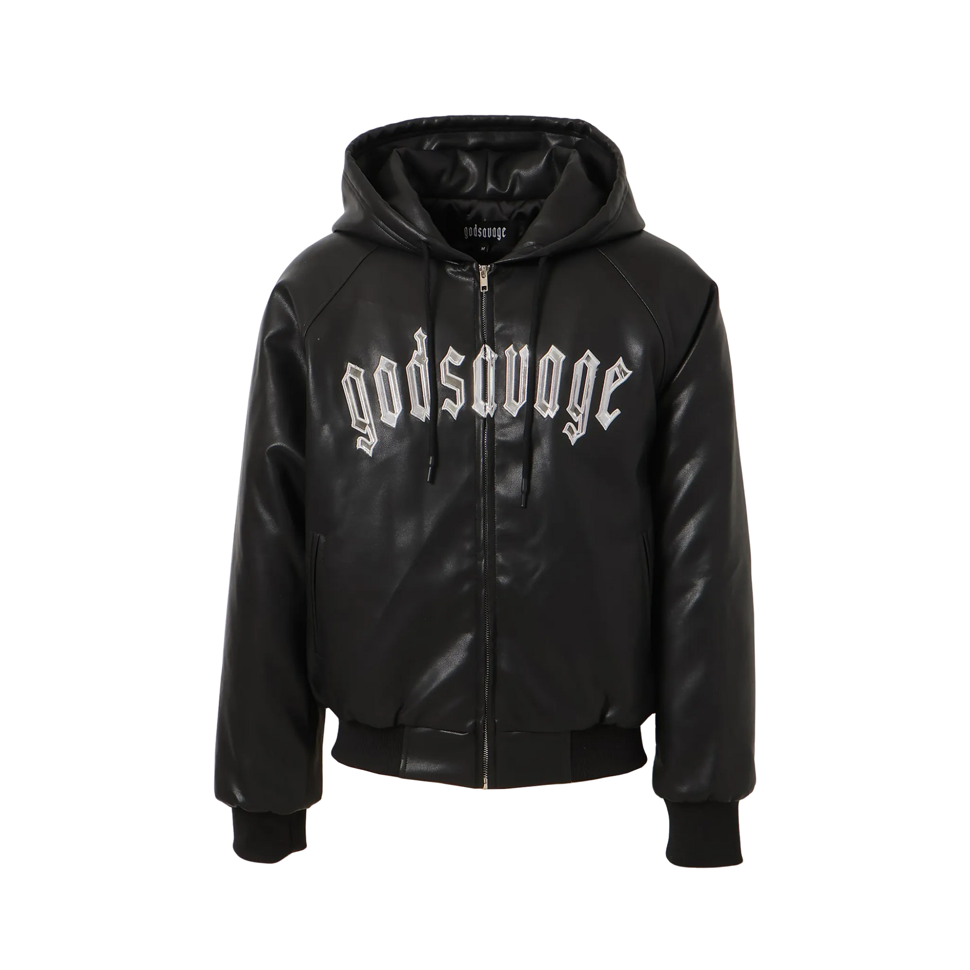 OG LOGO FAUX LEATHER HOODIE - BLACK & SILVER – god savage OG LOGO FAUX LEATHER HOODIE - BLACK & SILVER – god savage