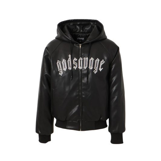 OG LOGO FAUX LEATHER HOODIE - BLACK & SILVER