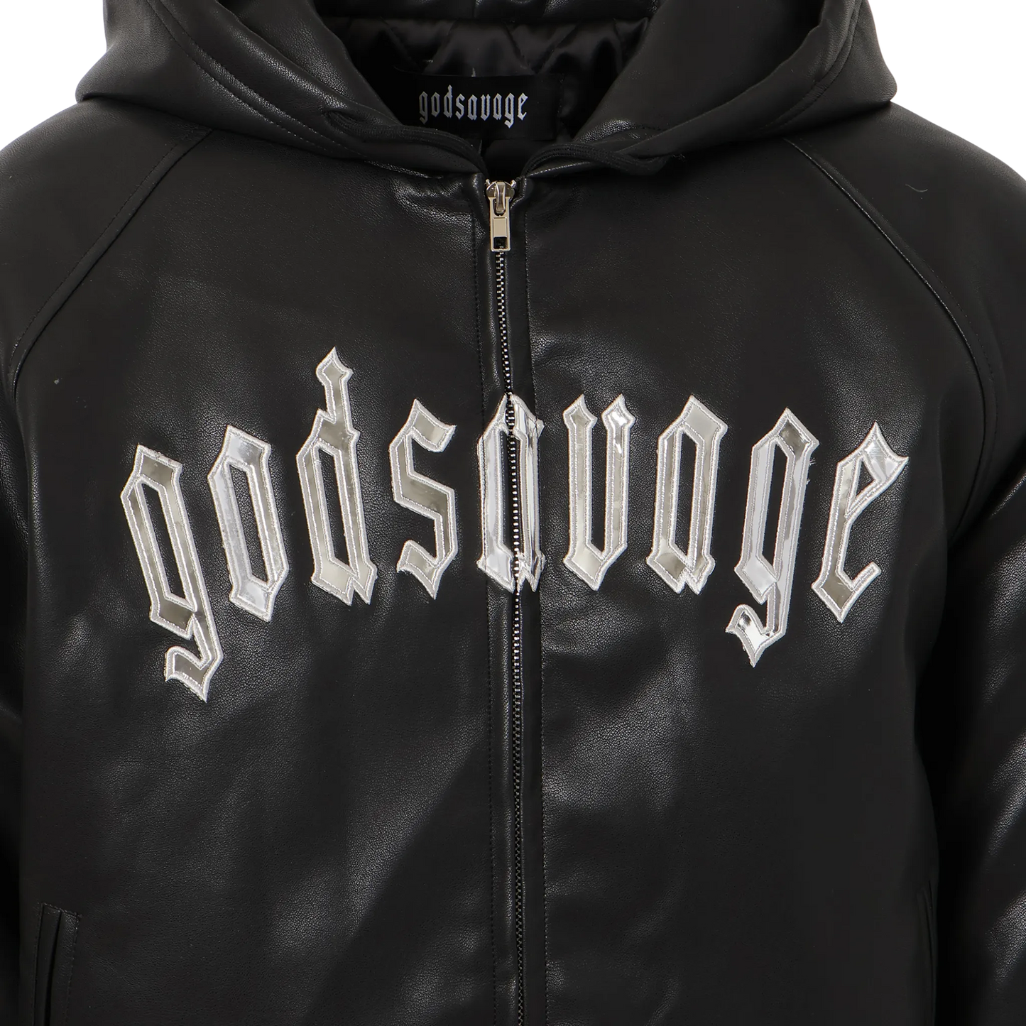 OG LOGO FAUX LEATHER HOODIE - BLACK & SILVER
