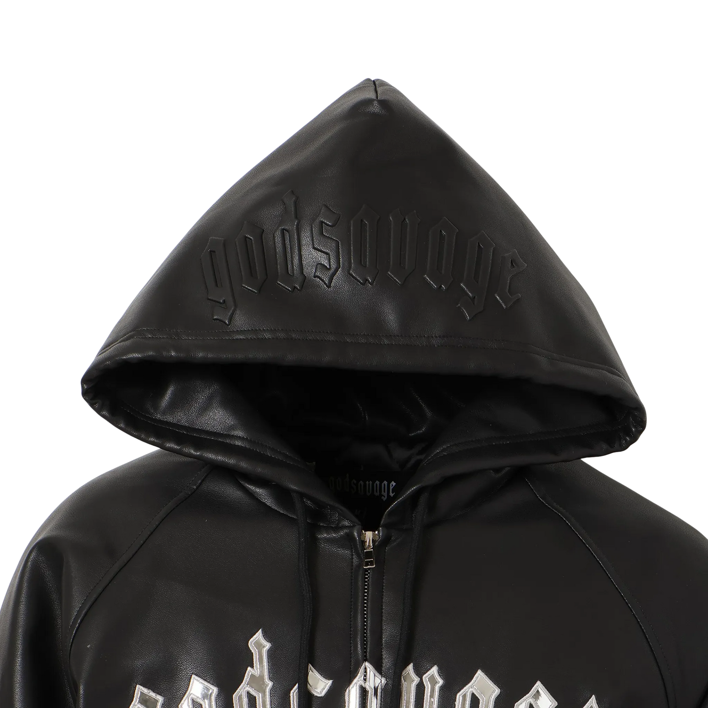 OG LOGO FAUX LEATHER HOODIE - BLACK & SILVER