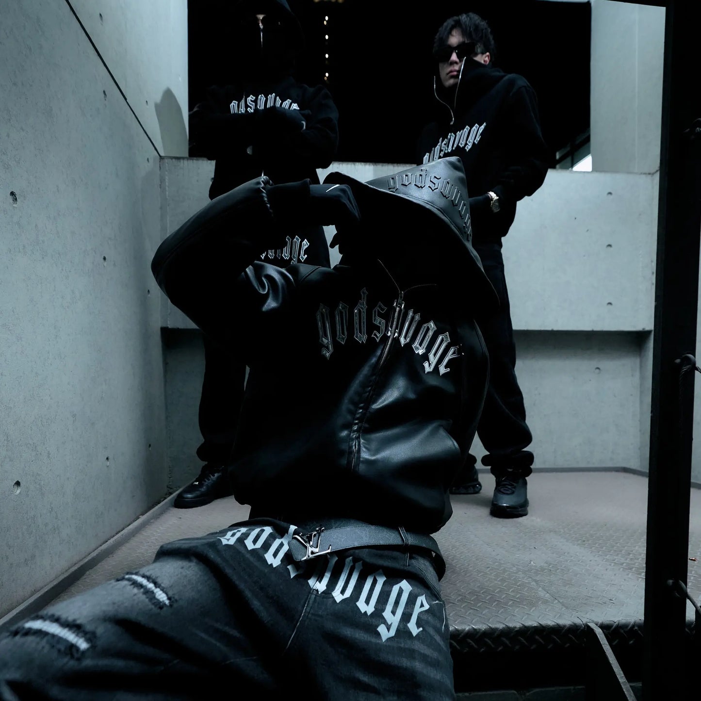 OG LOGO FAUX LEATHER HOODIE - BLACK & SILVER