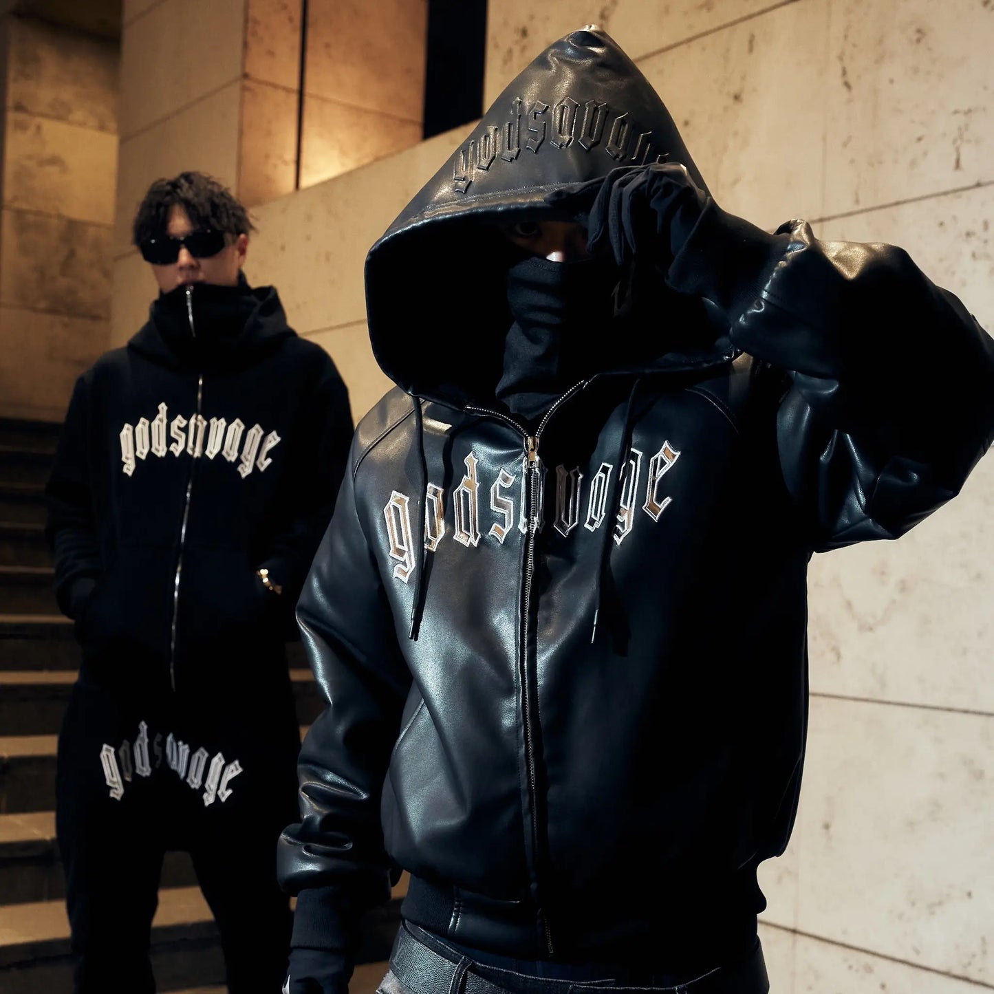 OG LOGO FAUX LEATHER HOODIE - BLACK & SILVER