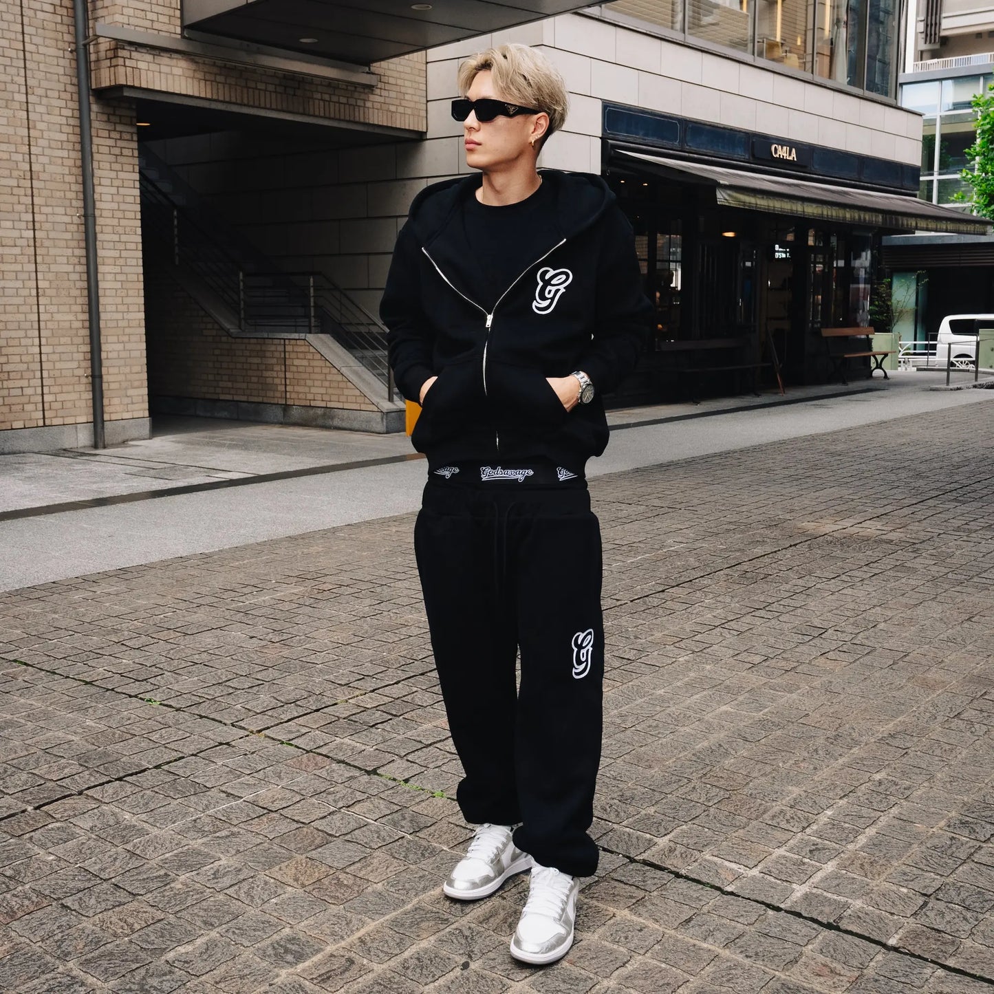 WAVY G LOGO DOUBLE WAIST SWEATPANTS - BLACK