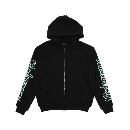 WAVY SLEEVE LOGO ZIP HOODIE - BLACK & MINT